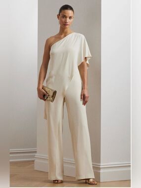 Lauren Ralph Lauren Georgia One Shoulder Cape Wide Leg Crepe Jumpsuit Ivory 2